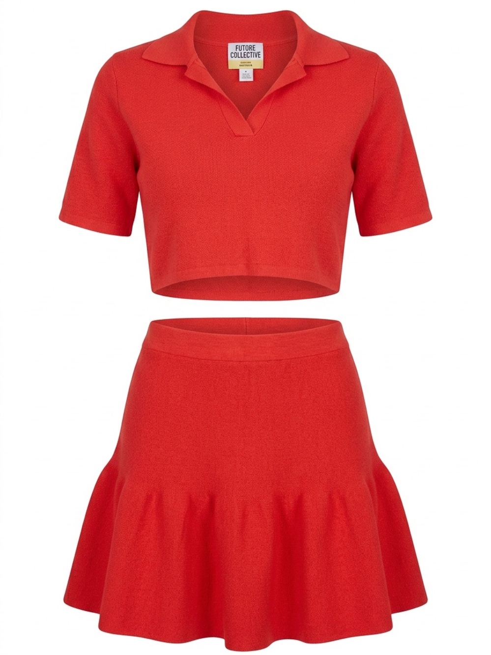 Future Collective | Jenee Naylor | Red Cropped Knit Polo & Flared Skirt Set